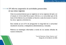 Universidad Veracruzana suspende actividades presenciales en sus cinco regiones