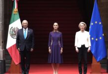 Recibe Presidenta al Presidente del Consejo Europeo y a la Presidenta de la Comisión Europea en Palacio Nacional